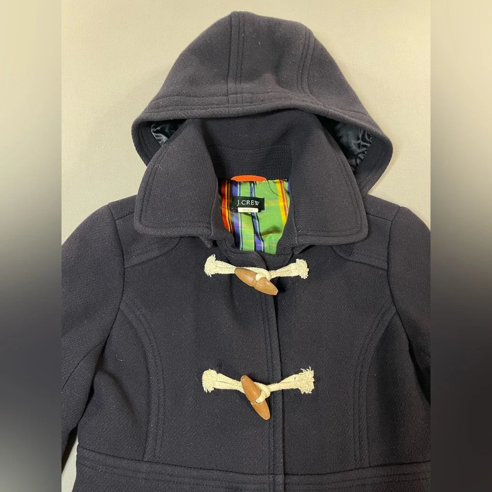 J Crew Duffle Coat, Removable Hood, Wood Toggles, Wool-Blend, Navy - Womens 4 - Picture 3 of 16